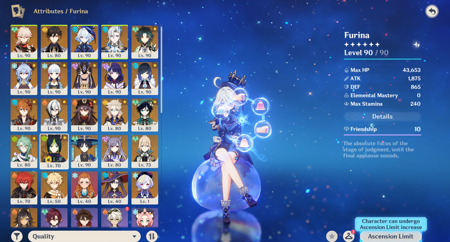 [AR 59] ✨ Kazuha + Zhong Li + Furina + Neuvillette + Xiao + Ganyu + Ayaka + Cyno + Shogun C1 + Yelan + Tartaglia + Arlecchino + Hu Tao C1 + Albedo + Venti + Baizhu C1 + Wanderer