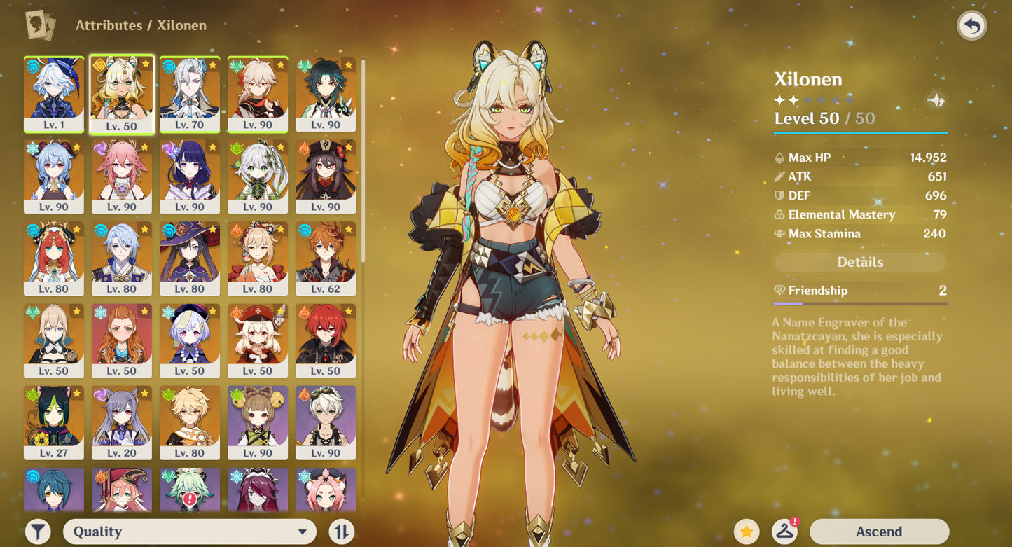 [AR 59] ⭐️Furina + Xilonen + Neuvillette + Kazuha + Xiao + Ganyu + Yae Miko + Raiden Shogun + Nahida + Hu Tao + Nilou + Ayato + Yoimiya + Tartaglia + Klee + Mona + Jean + Qiqi + Diluc + Tighnari + Keqing + Qiqi