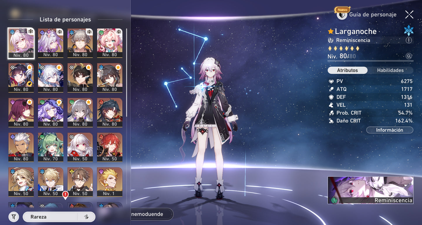 NA[Lvl 70 + Cumpleaños Libre] Yao Guang E1 + Cono , Mortenax Blade + Cono , Hyacine + Cono , Castorice + Cono , Larganoche E1 + Cono , Hysilens E1 + Cono , Cisne Negro + Cono , Ruan Mei + Archer + Huohuo + Kafka + Dan Heng Permansor Terrae + Gilgamesh +