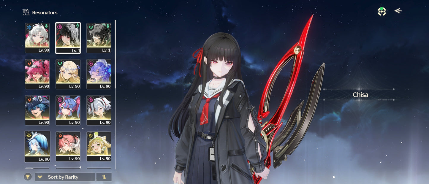 [Nivel 74] ✨ Cantarella + Arma + Carlotta C2 + Arma + Lupa + Arma + Brant + Arma + Chisan + Qiuyuan + Cartehyia +  Roccia + Camellya + The Shorekeeper + Changli + Phoebe + Verina C2 | Wuthering Waves Cuenta Avanzada