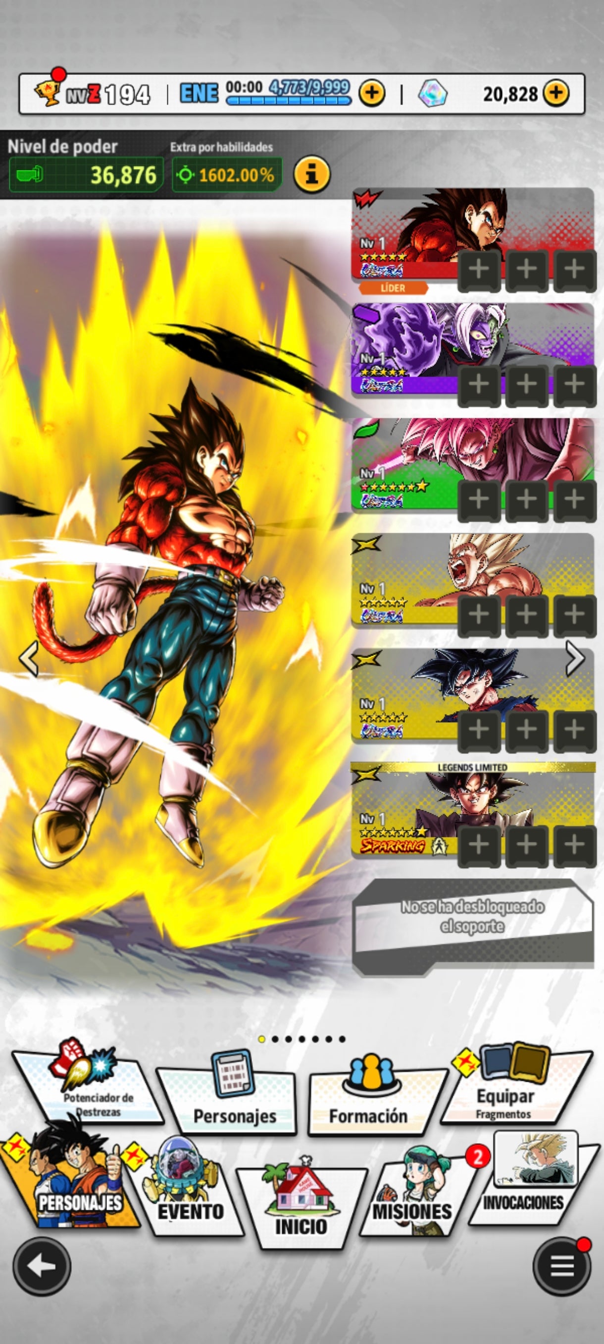 [Android] 20,828 Cronocristales 💎|5 ULTRAS⭐️Supersaiyajin 4 Vegeta ULTRA + Zamasu fusionado ULTRA + Supersaiyajin Goku ULTRA + Supersaiyajin rosa Goku ULTRA 1 estrella roja + Pre Ult Goku ULTRA + 23 LL