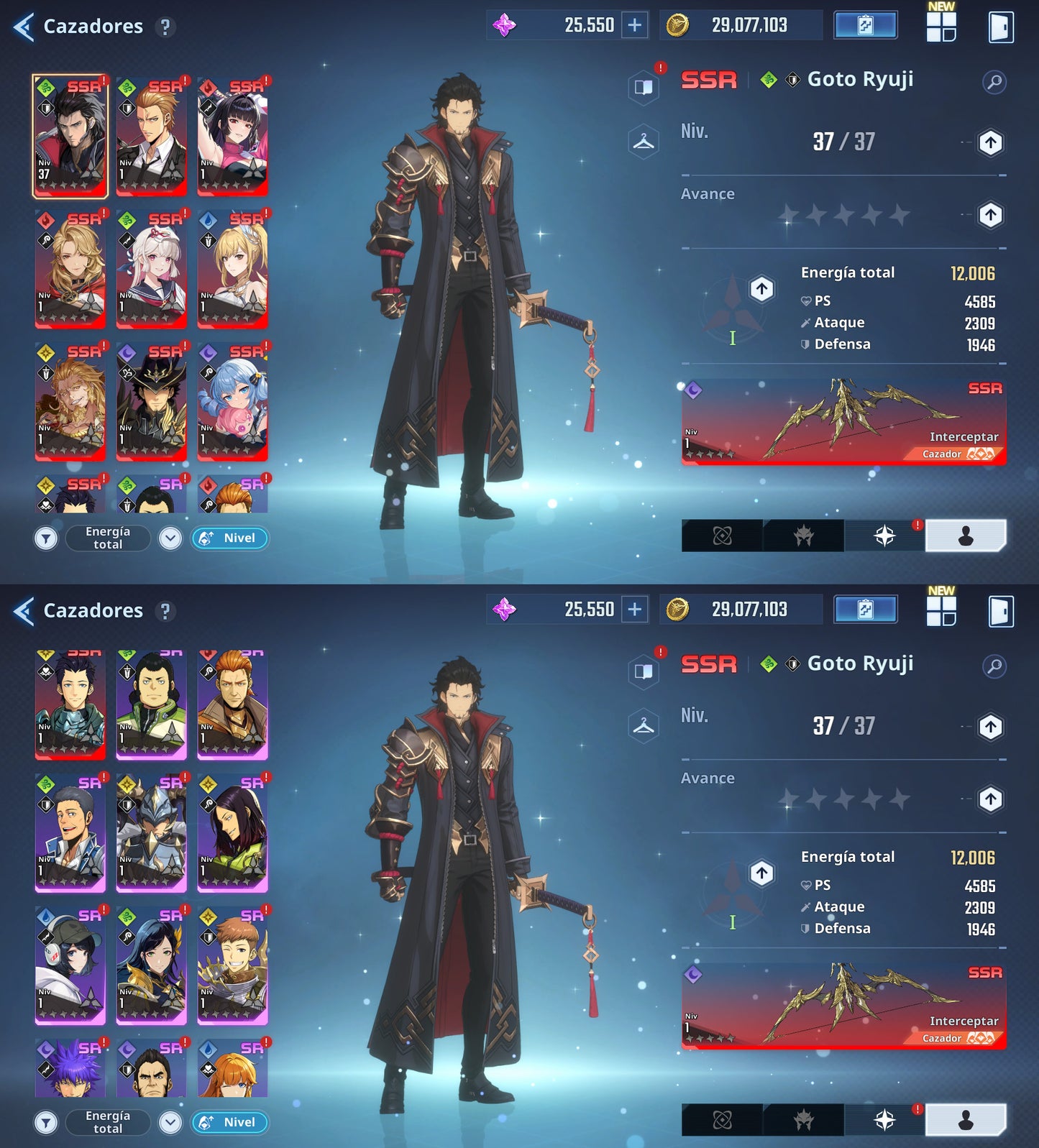 [Global] Nivel 37| +25,550 Piedras esenciales 💎 +10 SSR ⭐️| Goto Ryuji , Cha Hae-In , Thomas Andre , Tawata Kanae , Gina , Charlotte , Amamiya Mirei , Woo Jinchul , Min Byung-Gu , Lim Tae-Gyu |  10 Armas SSR
