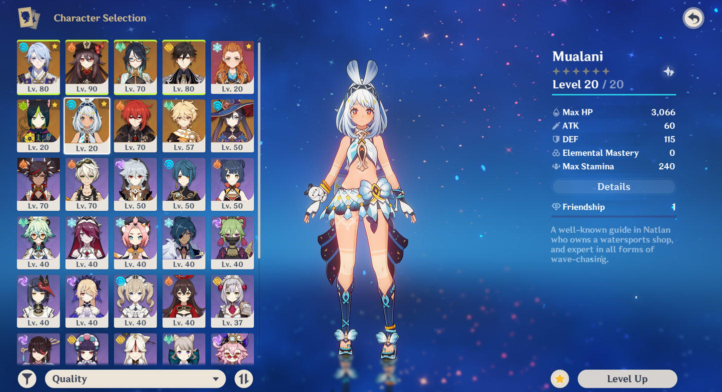 [Nivel 54] ✨ Ayato + Hu Tao + Xianyun + Zhong Li + Mualani + Tighnari + Diluc + Mona + Aloy + Llave de Coronacion
