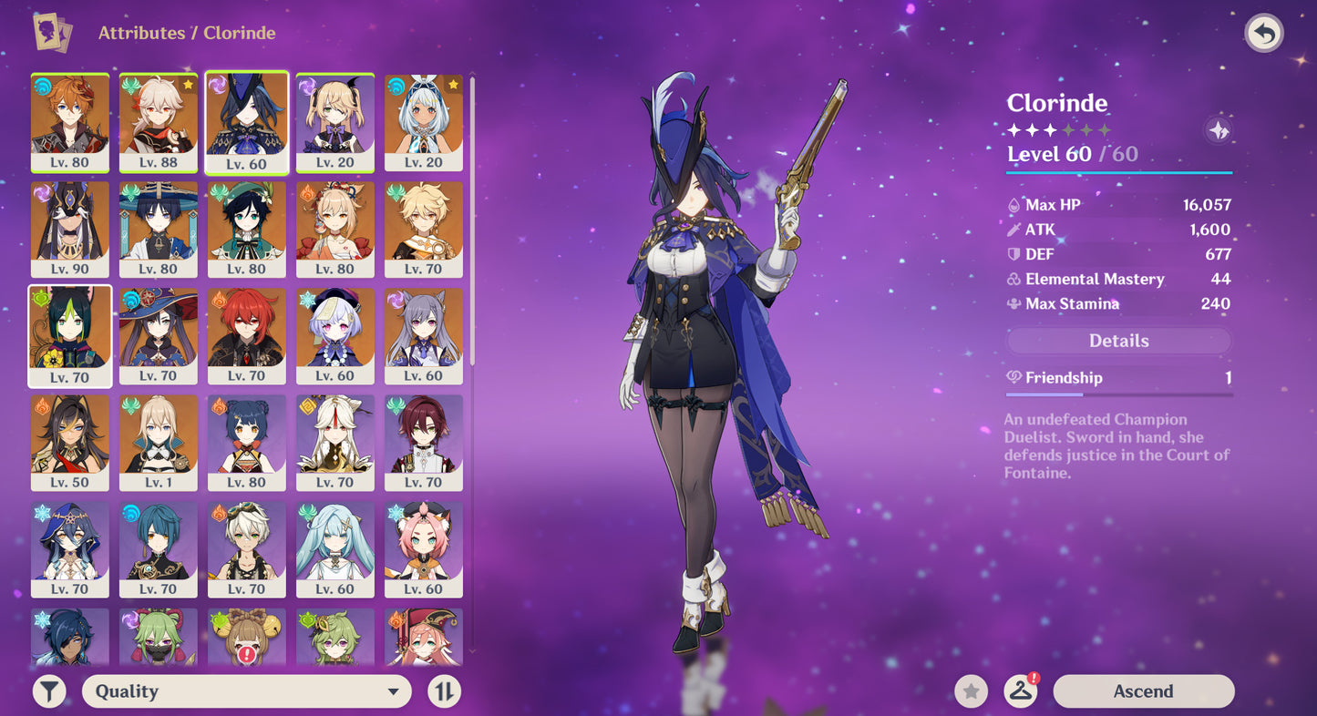 [AR 56] ⭐️Tartaglia + Kazuha + Clorinde + Mualani + Cyno + Trotamundos + Venti + Yoimiya + Qiqi C1 + Tighnari + Mona + Diluc + Keqing + Dehya + Jean