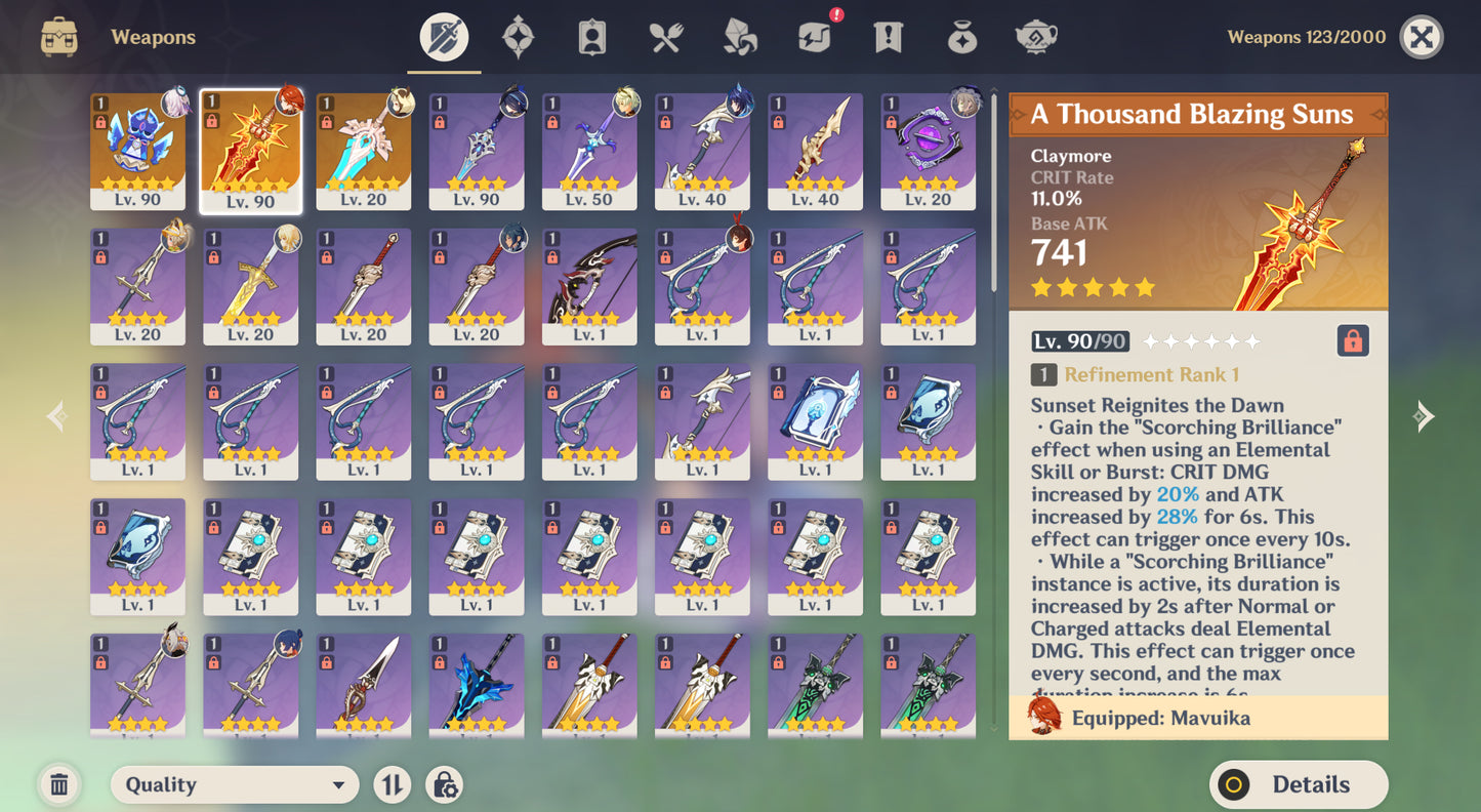 [Nivel 55] Mavuika + Arma + Citlali + Arma + Clorinde + Keqing C2 + Qiqi + Dehya