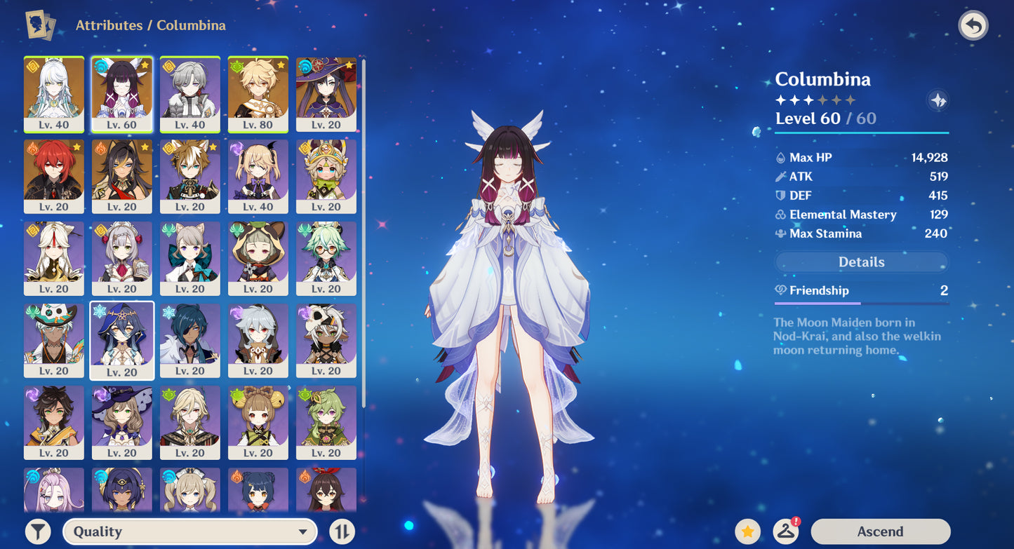 (REROLL + CUMPLEAÑOS LIBRE) Nivel 55 + Columbina C2+ ARMA , Zibai , mona, diluc, dehya