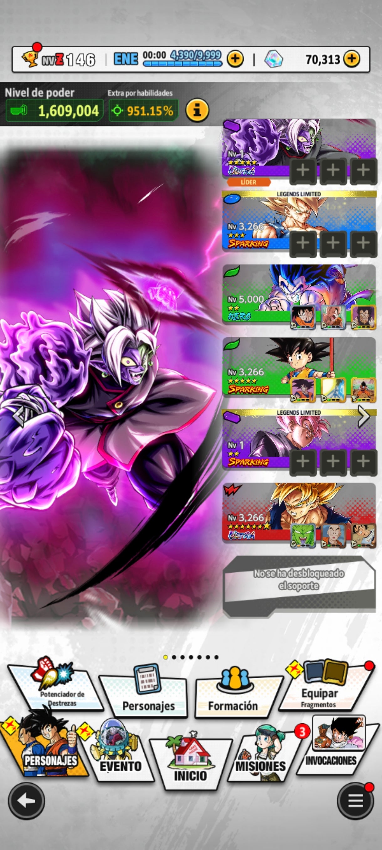 [Android] 70,313 Cronocristales 💎|  ⭐️ Mitad Corrupto Zamasu fusionado [ULTRA] | ⭐️ 2 Legends Limited | Dragon Ball: Legends Cuenta Reroll
