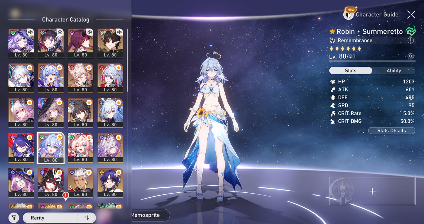 [NA Lvl 70] Robin • Summeretto + Hyacine + Yao Guang +Dan Heng PT+ Evernight + Hysilens + Castorice + The Herta + Cono , Jade+Robin+Acheron+Black Swan+Sparkle+Dr. Ratio+ Aventurine+Topaz+Jiaoqiu+Ruan Mei E1+ Jingliu+Kafka+Huohuo+Archer+ Gilgamesh +Seele