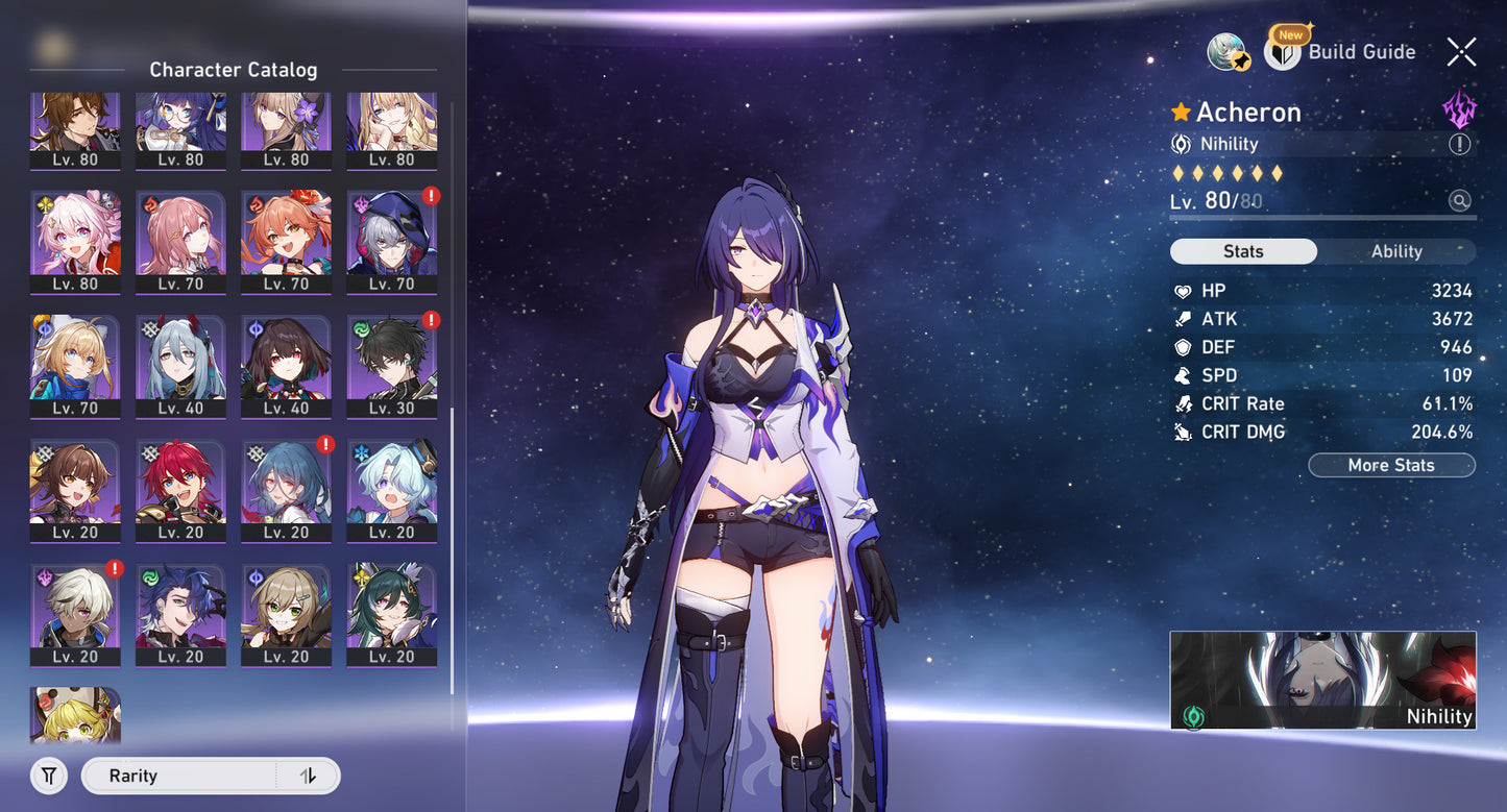[Nivel 70] Acheron E2 + Cono + The Herta E1 + Cono + Firefly + Cono + Rappa + Cono + Lingsha + Aventurine  + Jiaoqiu + Jade + Ruan Mei + Blade + Archer + Dr Ratio + Bronya E2 + Gepard + Clara E2 + Himeko + Welt E1
