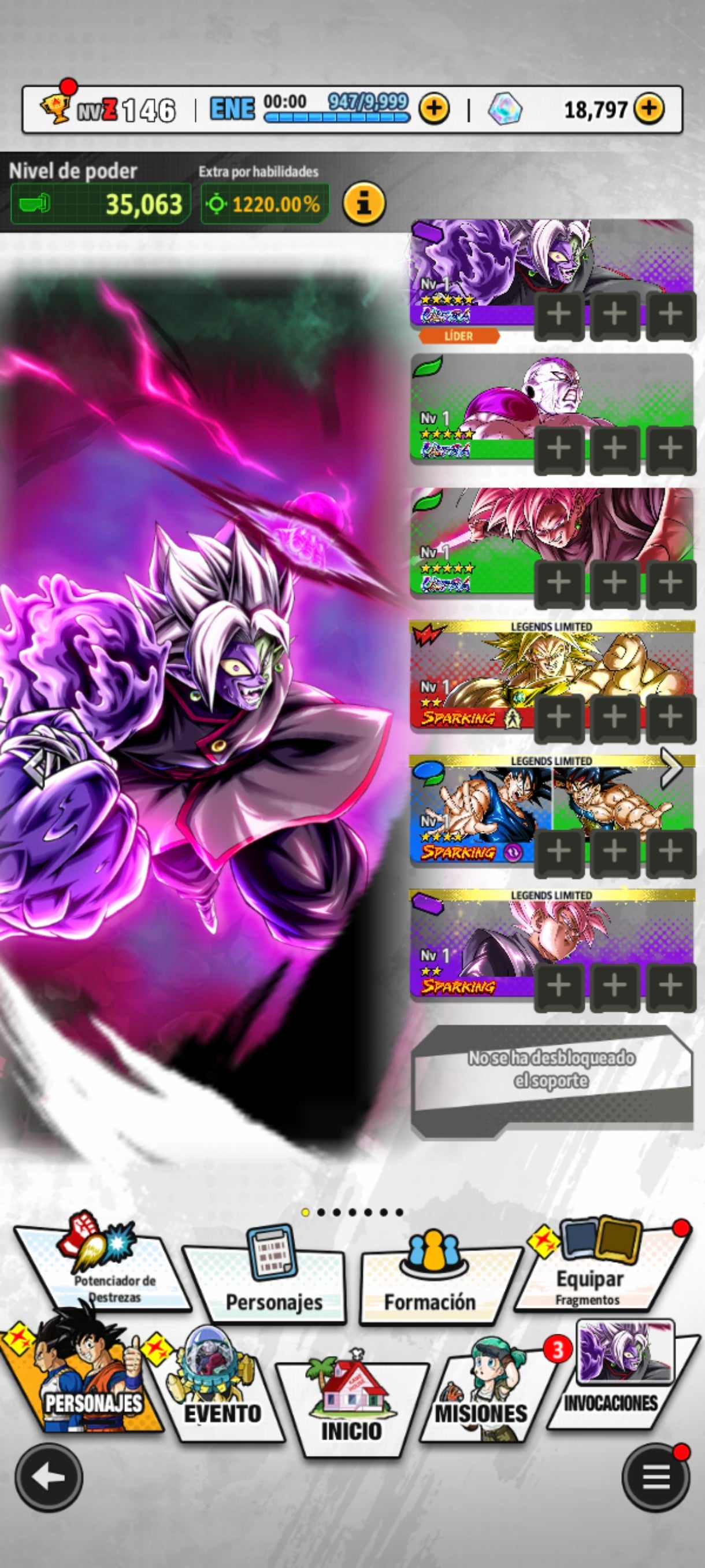 [Android] ⭐️ MITAD CORRUPTO ZAMAZU FUSIONADO (UL) + FORMA FINAL FREEZER MAXIMO PODER (UL) + SS ROSA GOKU OSCURO (UL) ⭐️ + 💎18,797 Cronocristales💎 + 5 LL