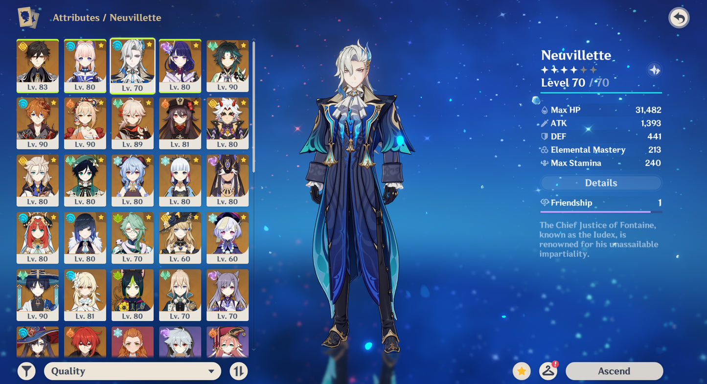 [AR 59] ⭐️Zhong Li + Kokomi + Neuvillette + Raiden Shogun + Xiao + Tartaglia + Yoimiya + Kazuha + Hu Tao + Itto + Albedo + Venti + Ganyu + Ayaka + Cyno + Nilou + Yelan + Baizhu + Navia + Trotamundos + Qiqi + Tighnari + Jean + Keqing + Diluc + Mona