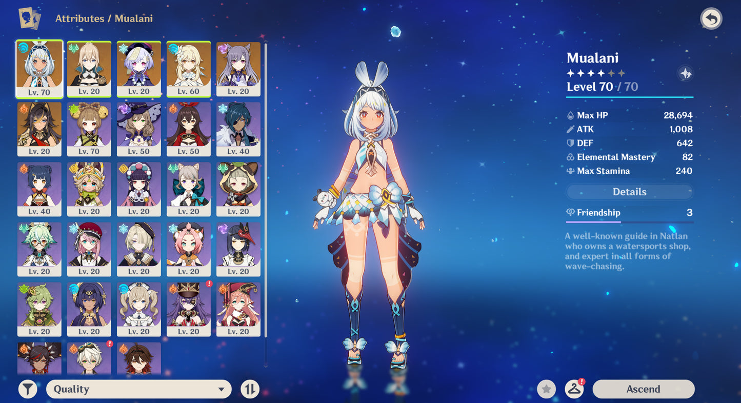 [Nivel 55] ✨Mualani C6 + Arma + Jean + Qiqi + Keqing + Dehya C2