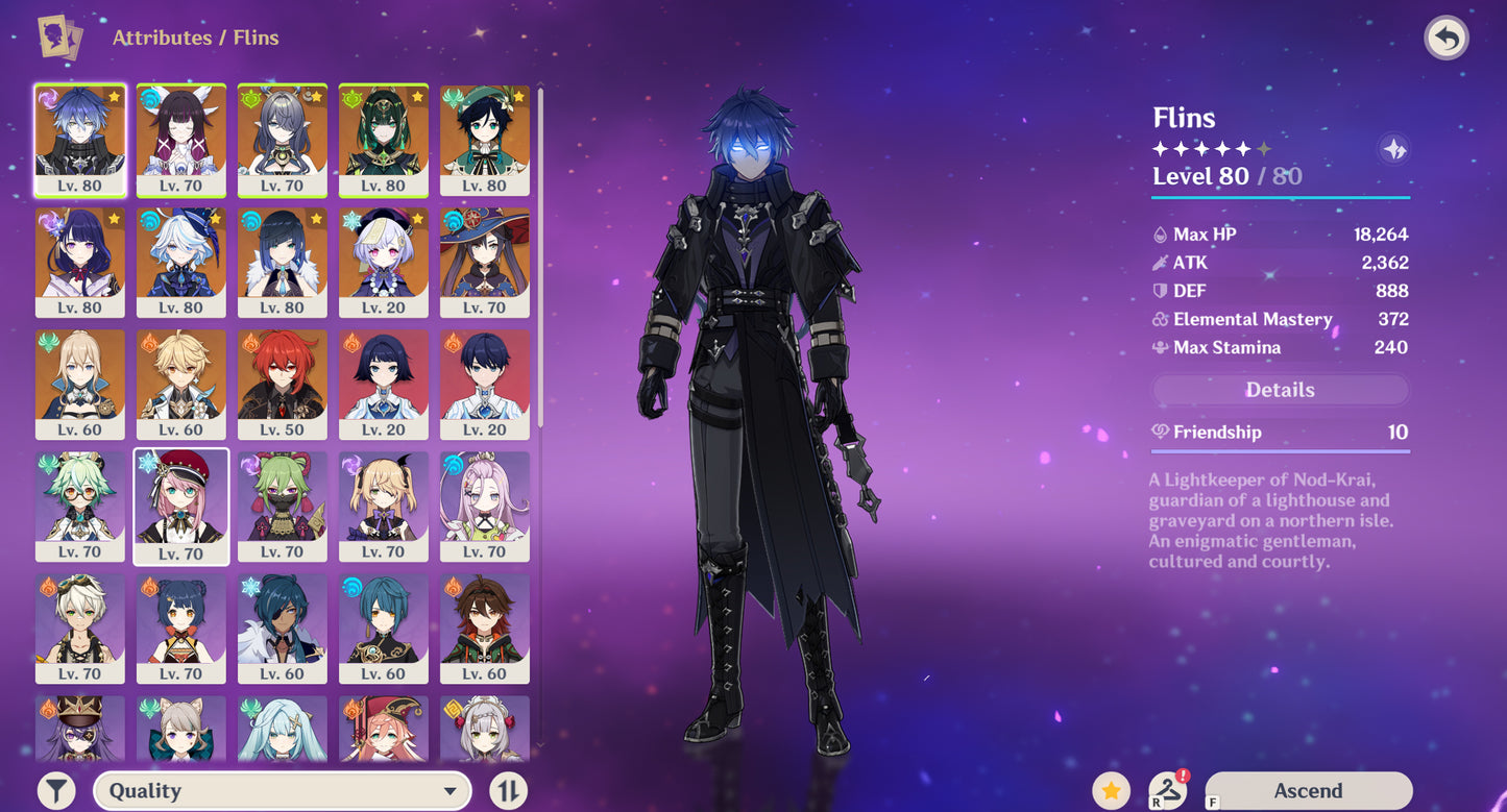 [Nivel 56] Flins + Arma ⭐️, Columbina + Lauma + Nefer + Yelan C1 + Venti + Raiden Shogun + Furina + Qiqi + Mona + Diluc + Jean