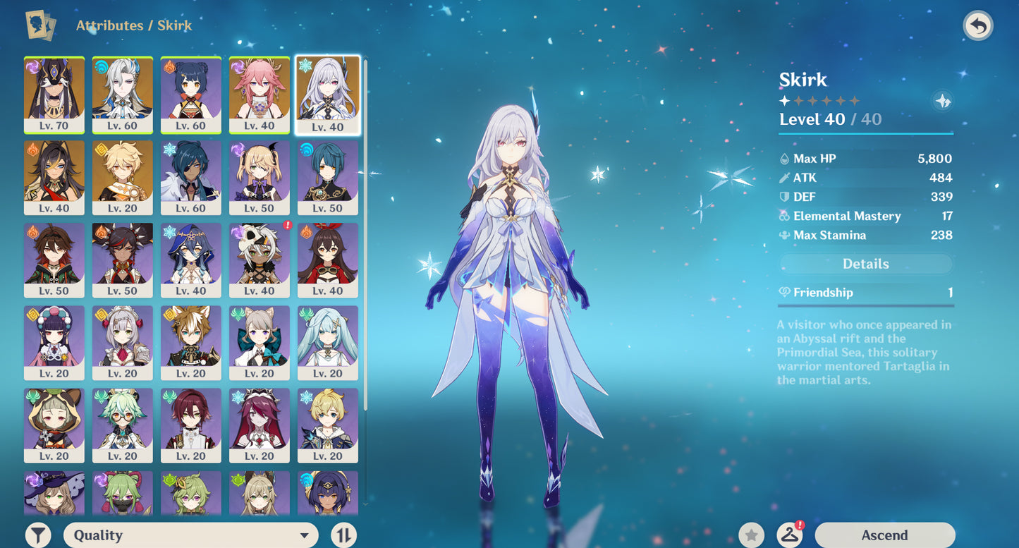 [AR 38] ⭐️CUMPLEAÑOS LIBRE⭐️Skirk + Neuvillette + Yae Miko + Cyno + Dehya + Halcón de jade, Fulgor de las aguas calmas, Candado terrenal x2