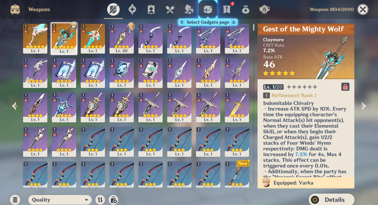 (REROLL + CUMPLEAÑOS LIBRE) Nivel 55 + Varka +Arma ✨+ 210 Destinos Entrelazados ✨