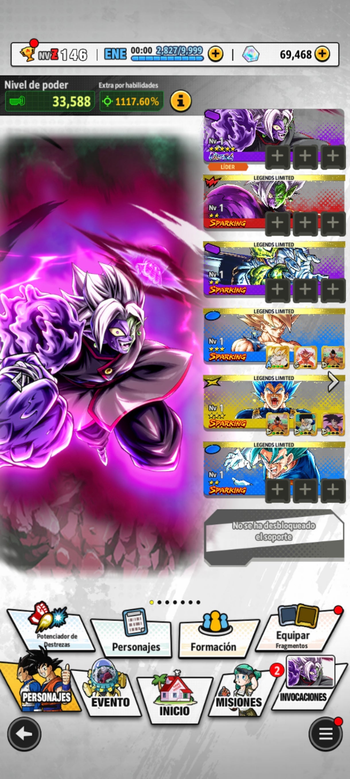 [Android] 💎 69,468 Cronocristales 💎| ⭐️ Zamasu fusionado [ULTRA] | Dragon Ball: Legends Cuenta Reroll