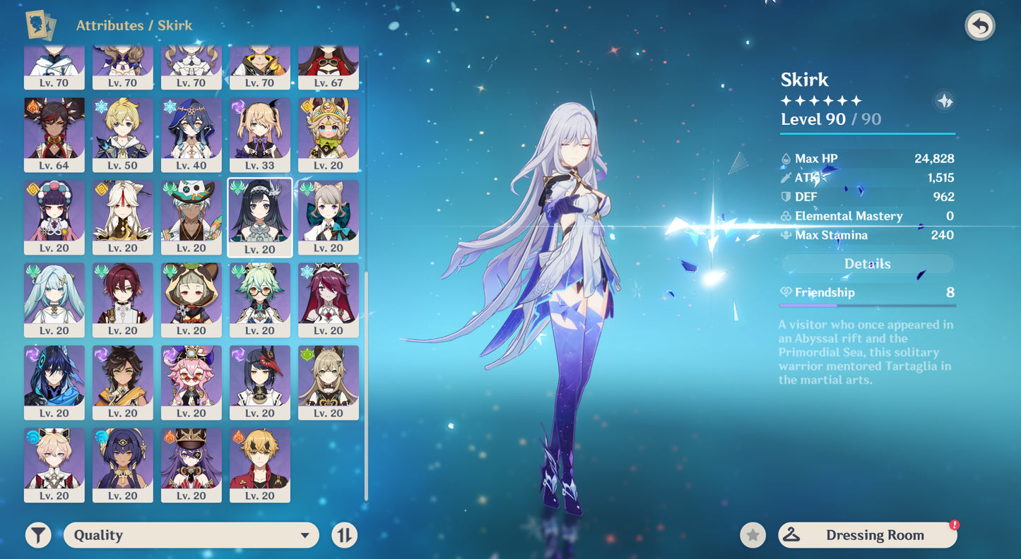 [Nivel 58] Varesa + Arma+ Skirk + Escoffier + Furina + Chasca +Arma + Yelan + Hu Tao + Mona + Tighnari C1 + Dehya + Keqing + Mizuki + Jean