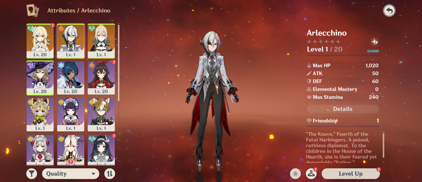 [Nivel 53] 235 Deseos 💎 |  Arlecchino + Arma #1 | Genshin Impact Cuenta Reroll