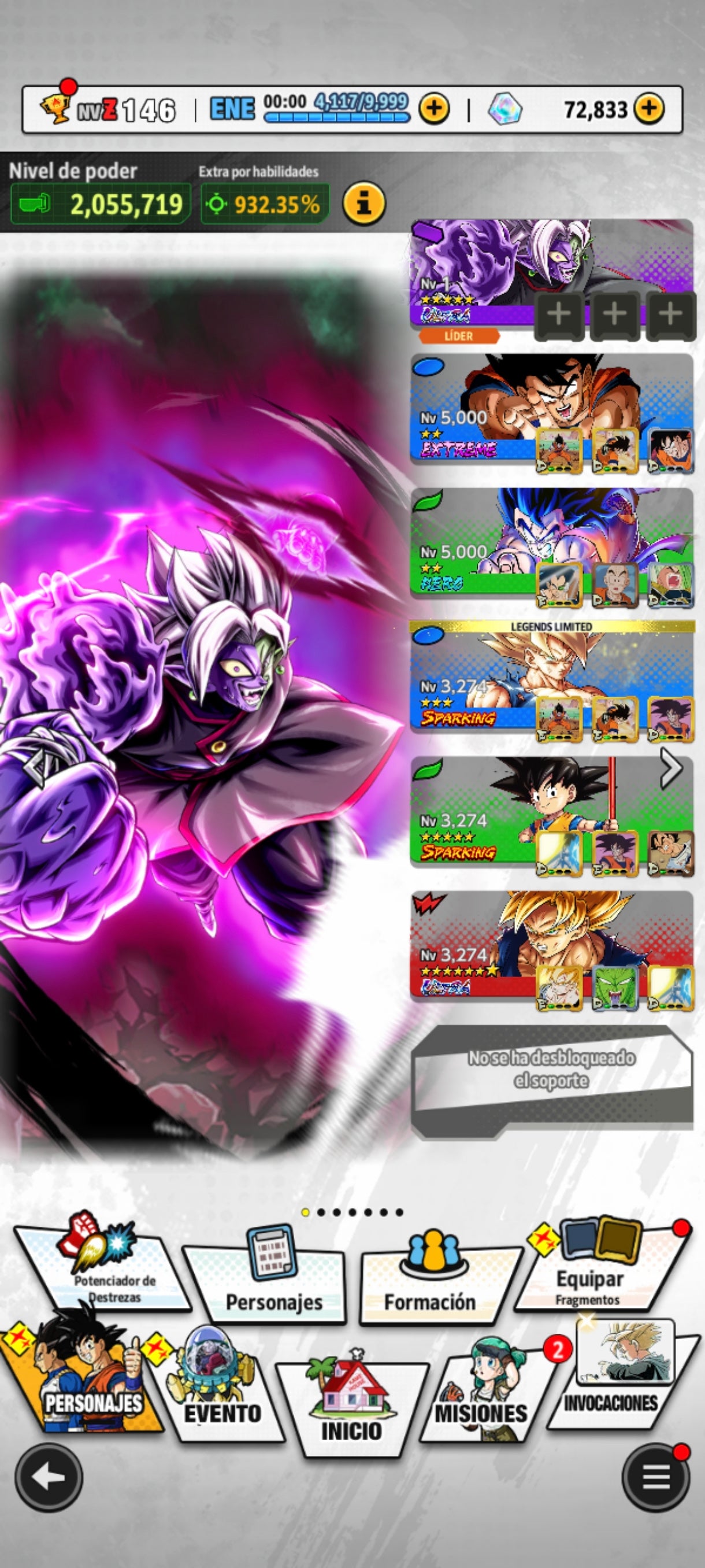 [Android] 72,833 Cronocristales 💎|  ⭐️ Mitad Corrupto Zamasu fusionado [ULTRA] | ⭐️ 1 Legends Limited | Dragon Ball: Legends Cuenta Reroll