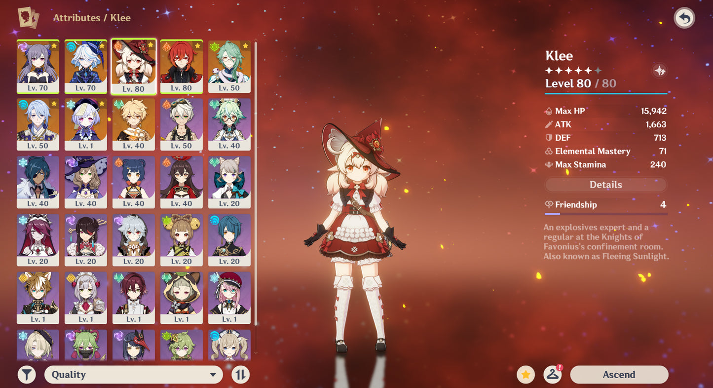[AR 49] ⭐️Klee (Skin) + Furina + Ayato + Bailu + Diluc (Skin) + Keqing (Skin) + Qiqi