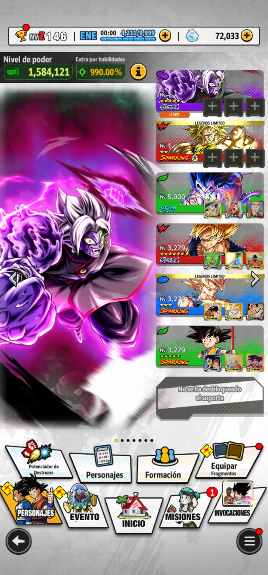 [Android] 72,033 Cronocristales 💎|  ⭐️ Mitad Corrupto Zamasu fusionado [ULTRA] | ⭐️ 2 Legends Limited | Dragon Ball: Legends Cuenta Reroll