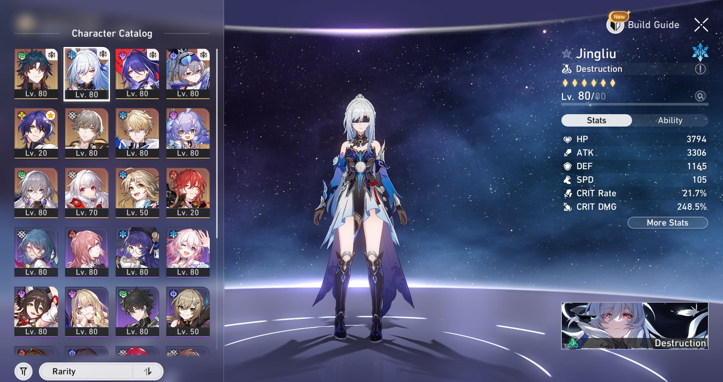 [AR 59/TL70] ⭐️ Blade + Jingliu + Acheron + Silver Wolf + Dr Ratio + Gepard + Bailu + Bronya + Clara + Yanqing + Himeko + &nbsp;Shenhe + Ayaka + Yelan + Kokomi + Yae Miko + Tartaglia + Nilou + Arlecchino + Tighnari + Diluc + Keqing + Jean + Aloy + QIqi
