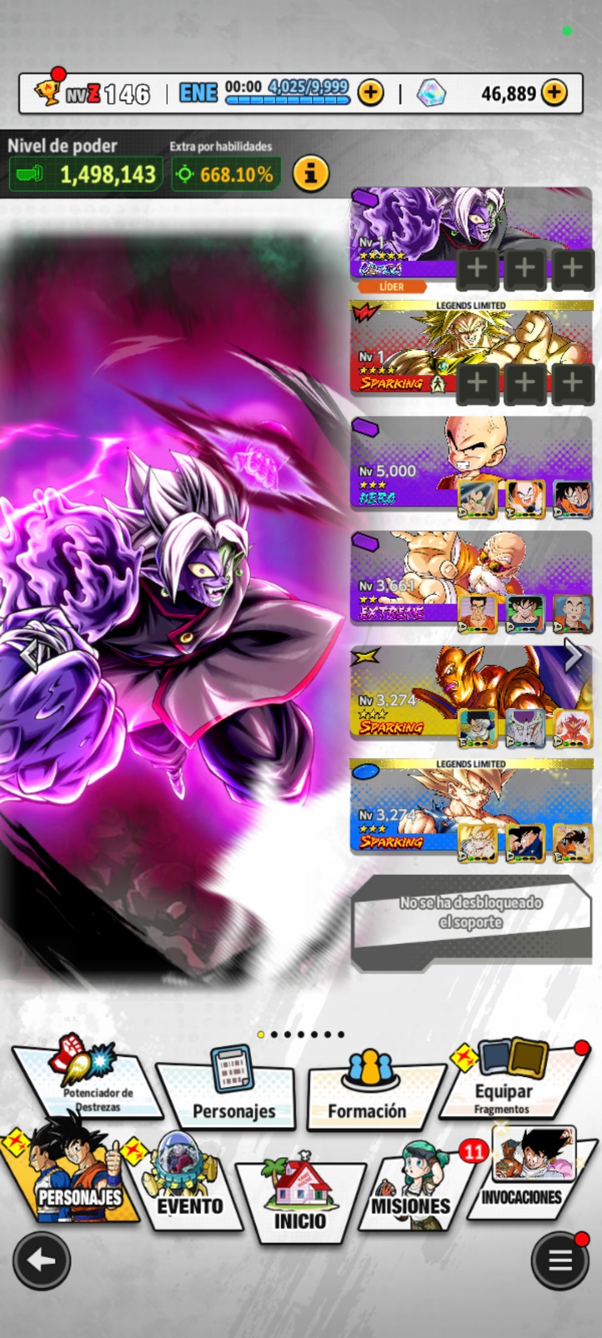 [Android] 46,889 Cronocristales 💎|  ⭐️ Mitad Corrupto Zamasu fusionado [ULTRA] | ⭐️ 2 Legends Limited | Dragon Ball: Legends Cuenta Reroll