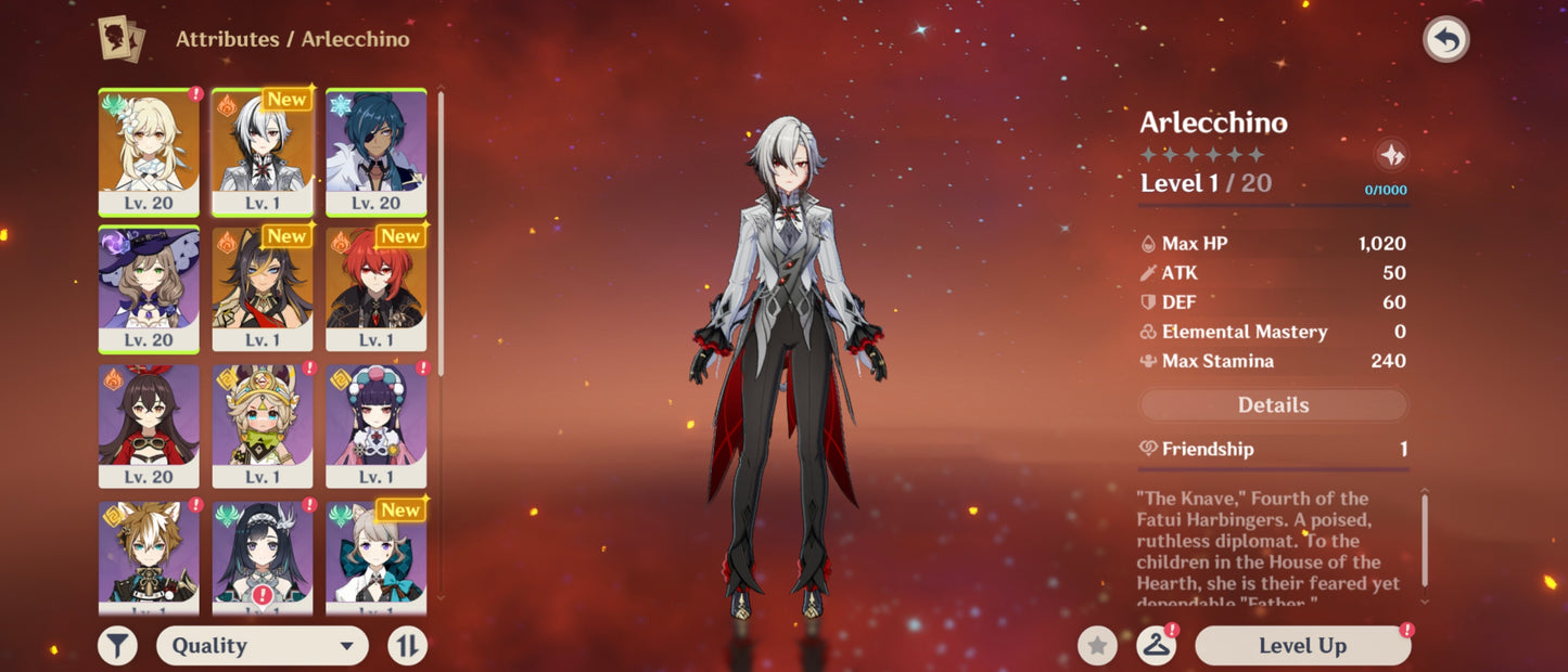 [Nivel 53] 186 Deseos 💎 |  Arlecchino + Arma #2 | Genshin Impact Cuenta Reroll