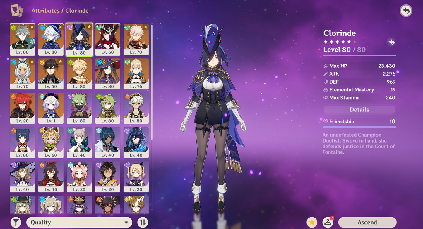 [AR 55] ⭐️Clorinde R2 &nbsp;+ Alhaitham + Furina + Chasca + Kazuha + Mualani + Zhong Li + Qiqi C1 + Mona + Jean + Diluc&nbsp;