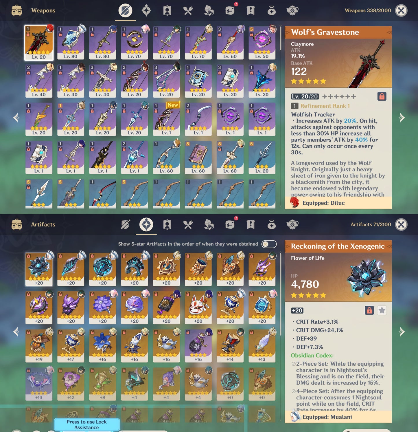 [AR 51] Mualani , Xiao , Xilonen , Kokomi , Raiden Shogun , Diluc C2 + Arma 🗡️ , Keqing , Tighnari