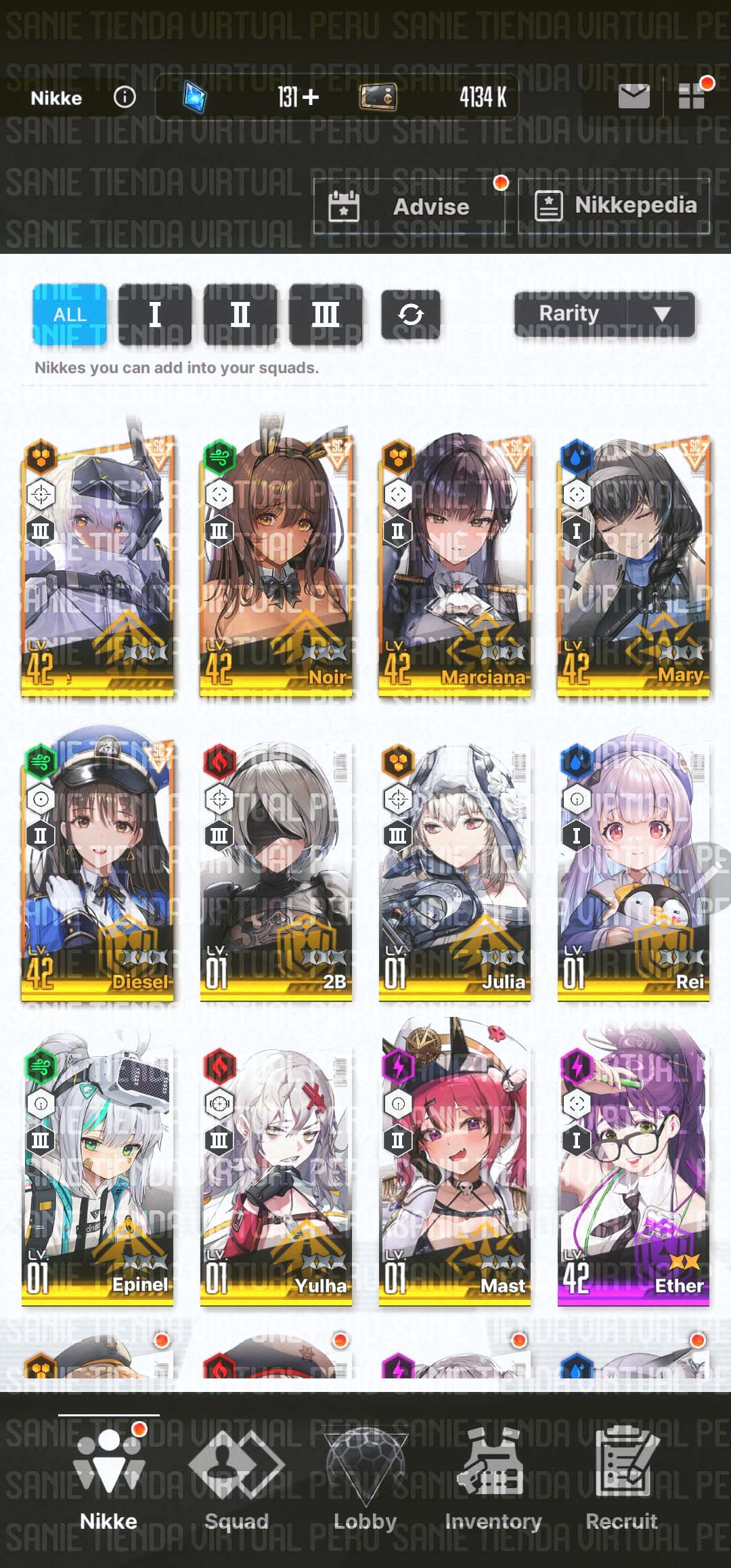 [Cuenta Inicial] Noir, Marciana, Mary, Diesel, 2B, Julia, Rei, Epinel, Yulha, Mast