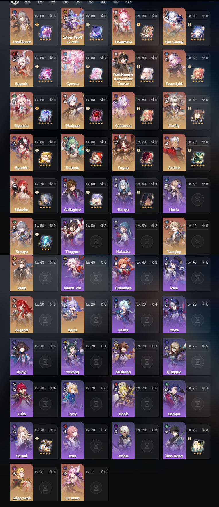 [NA] Lvl 70 Cyrene E2 +Cono Yao Guang +Cono, Sparxie +Cono, Silver Wolf LV.999 +Cono, Evanescia + Evernight + Phainon + Castorice + Huohuo E1+ Fugue + Sparkle + Hyacine + Archer + Firefly + Argenti + Dan Heng Permansor Terrae