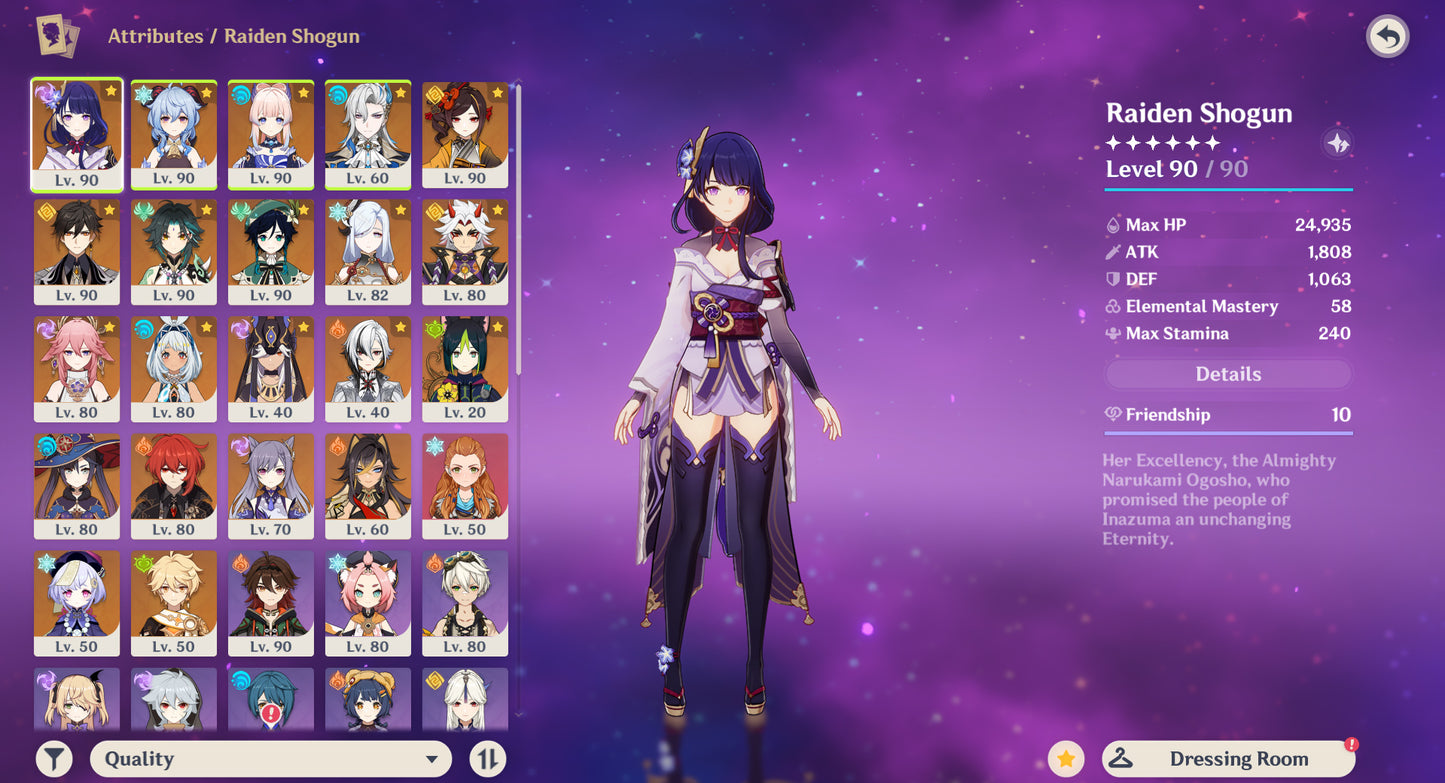 [AR 57] ⭐️Raiden Shogun + Ganyu + Kokomi + Neuvillette + Chiori + Zhong Li + Xiao + Venti + Shenhe + Itto + Yae Miko + Mualani + Cyno + Arlecchino + Mona 5 + Diluc C1 + Qiqi C1 + Keqing + Dehya + Aloy
