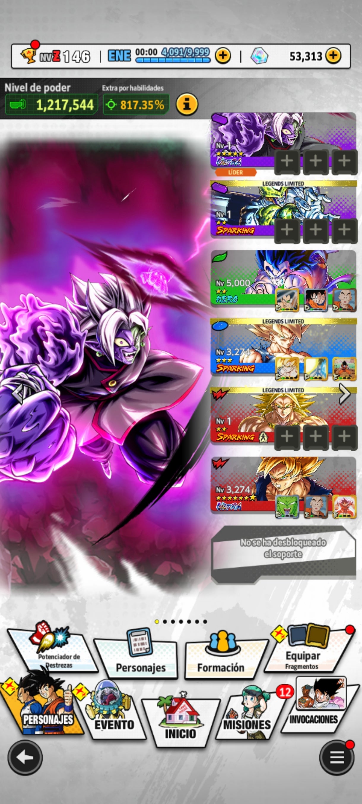 [Android] 53,313 Cronocristales 💎|  ⭐️ Mitad Corrupto Zamasu fusionado [ULTRA] | ⭐️ 4 Legends Limited | Dragon Ball: Legends Cuenta Reroll