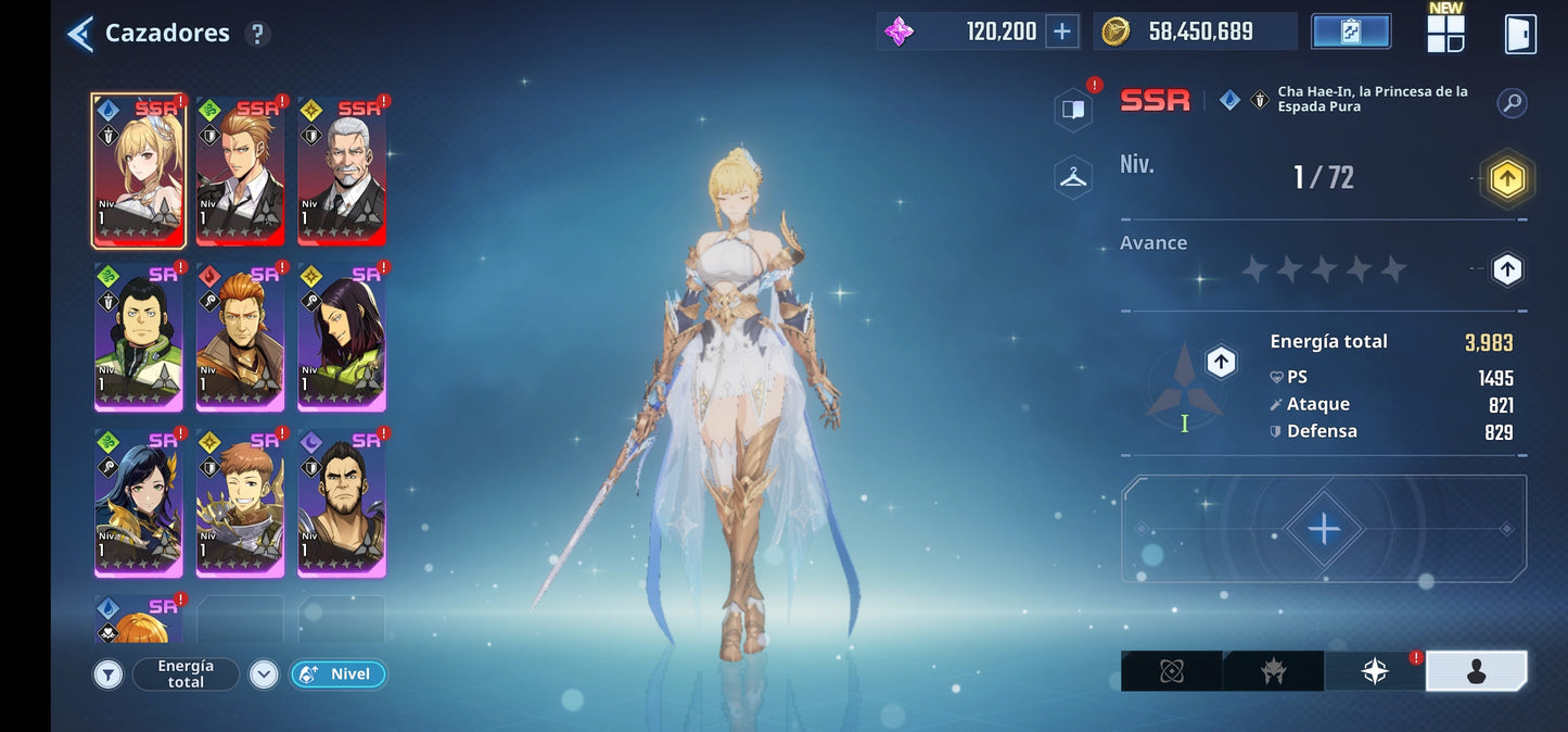 [Global] Nivel 72| +120,200 Piedras esenciales 💎+ 91 Tickets especiales , +760 Tickets personalizados |Cha Hae-In (Nueva) , Woo Jinchul + Arma exclusiva , Go Gunhee |Solo Leveling:ARISE Cuenta inicial reroll
