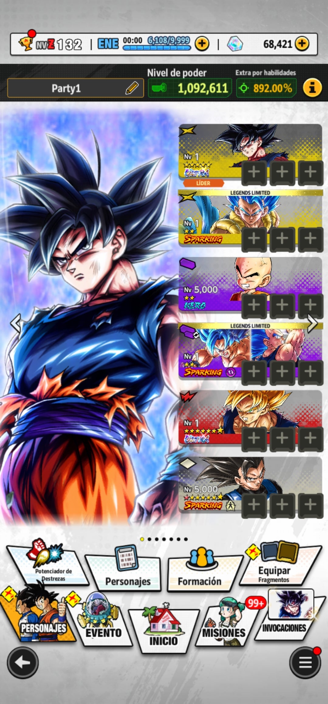 [Android] 68,421 Cronocristales 💎|  ⭐️ Pre-ultrainstinto Goku | ⭐️ 2 Legends Limited | Dragon Ball: Legends Cuenta Reroll