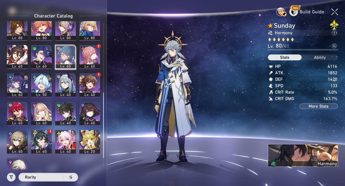 [Nivel 70] Fainon + Sunday + Castorice + Hysilens + The Herta + Kafka + Black Swan +Cono , Aventurine + Argenti + Huohuo + Luocha + Archer + Dr Ratio + Bronya E2 + Himeko E2 + Gepard E1 + Welt + Bailu + Clara