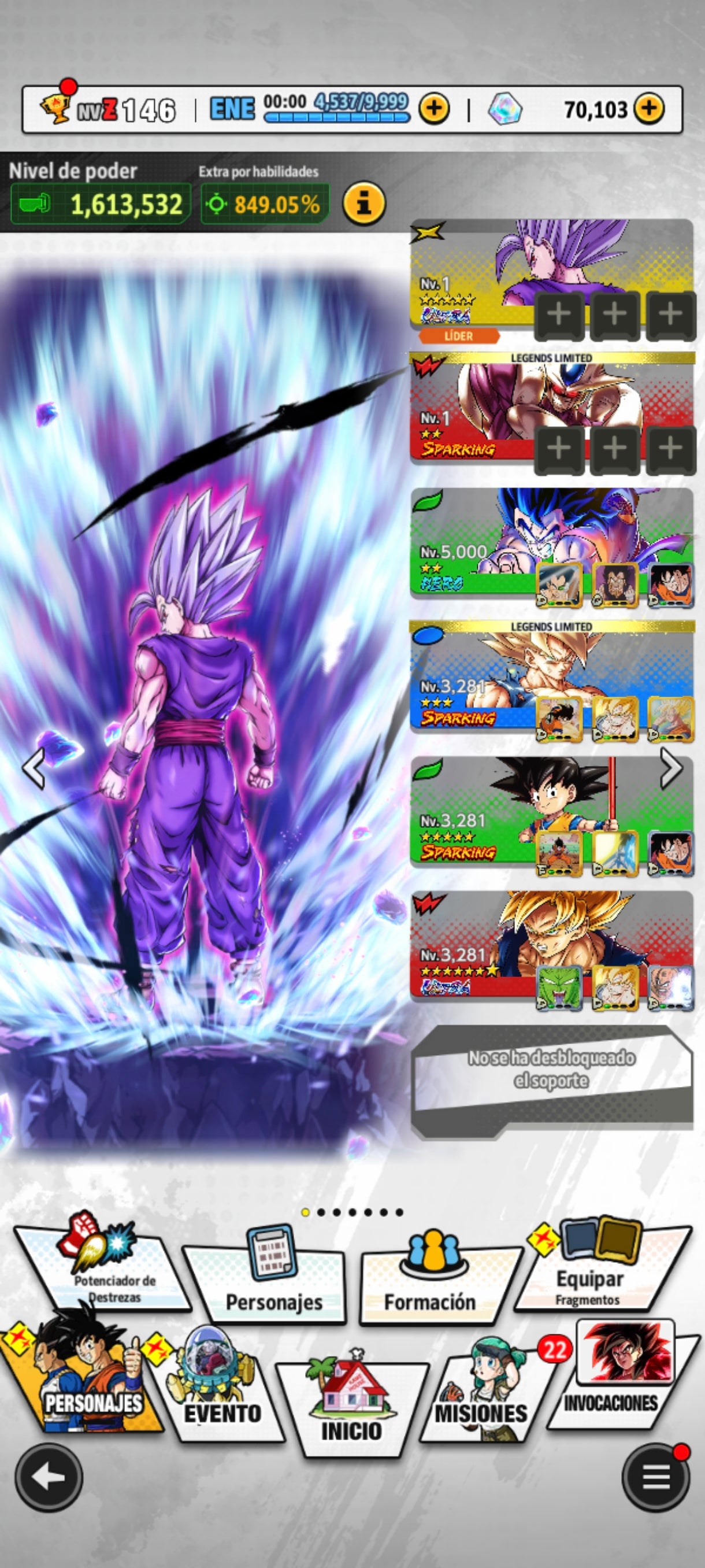 [Android] ⭐️ 1 ULTRA — Gohan Bestia + 💎70,103 Cronocristales💎