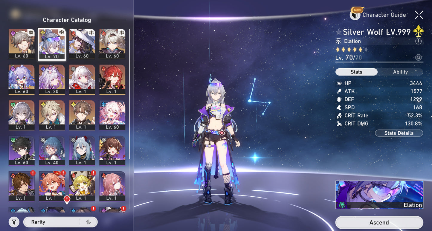 (REROLL + CUMPLEAÑOS LIBRE) Nivel 60⭐️ Silver Wolf LV. 999 + Cono , Castorice + Firefly + The Dahlia + Aventurine + Clara + Bronya + Himeko + Welt