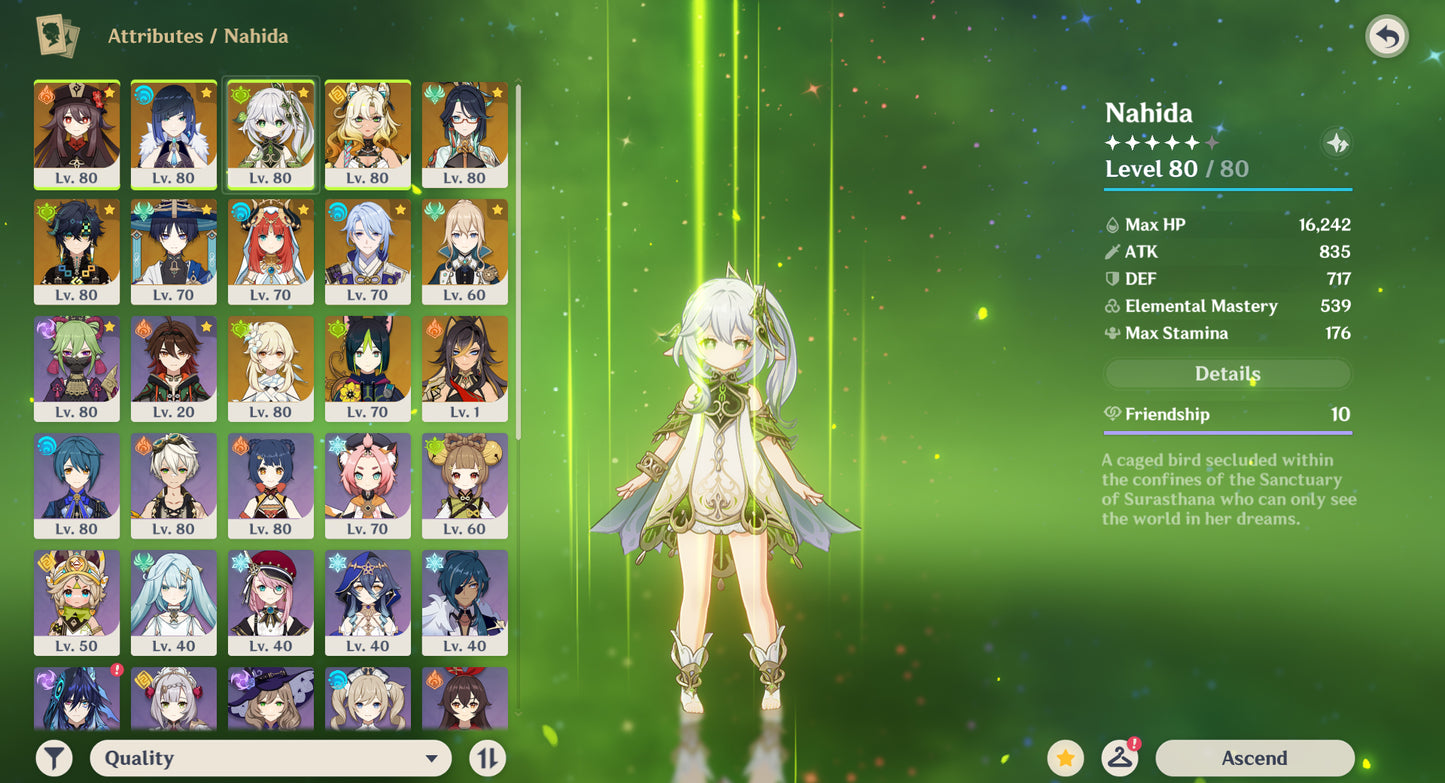 [Nivel 54] ✨Hu Tao + Yelan + Nahida + Xilonen + Xianyun + Kinich + Wanderer + Nilou + Ayato + Dehya C2 + Jean + Tighnari