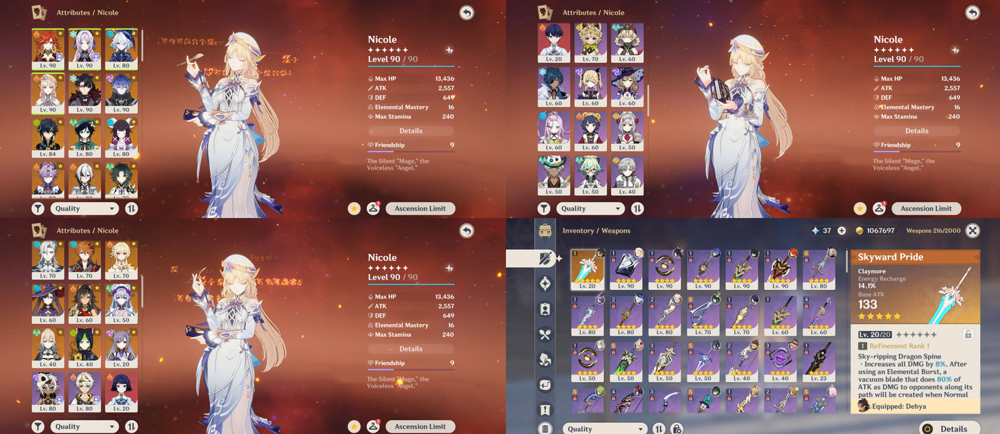 NA AR57 Endgame | Nicole, Columbina, Flins, Citlali, Mavuika, Neuvillette, Arlecchino, Furina, Xiao C1, Mona C1, Jean C1, Keqing C1
