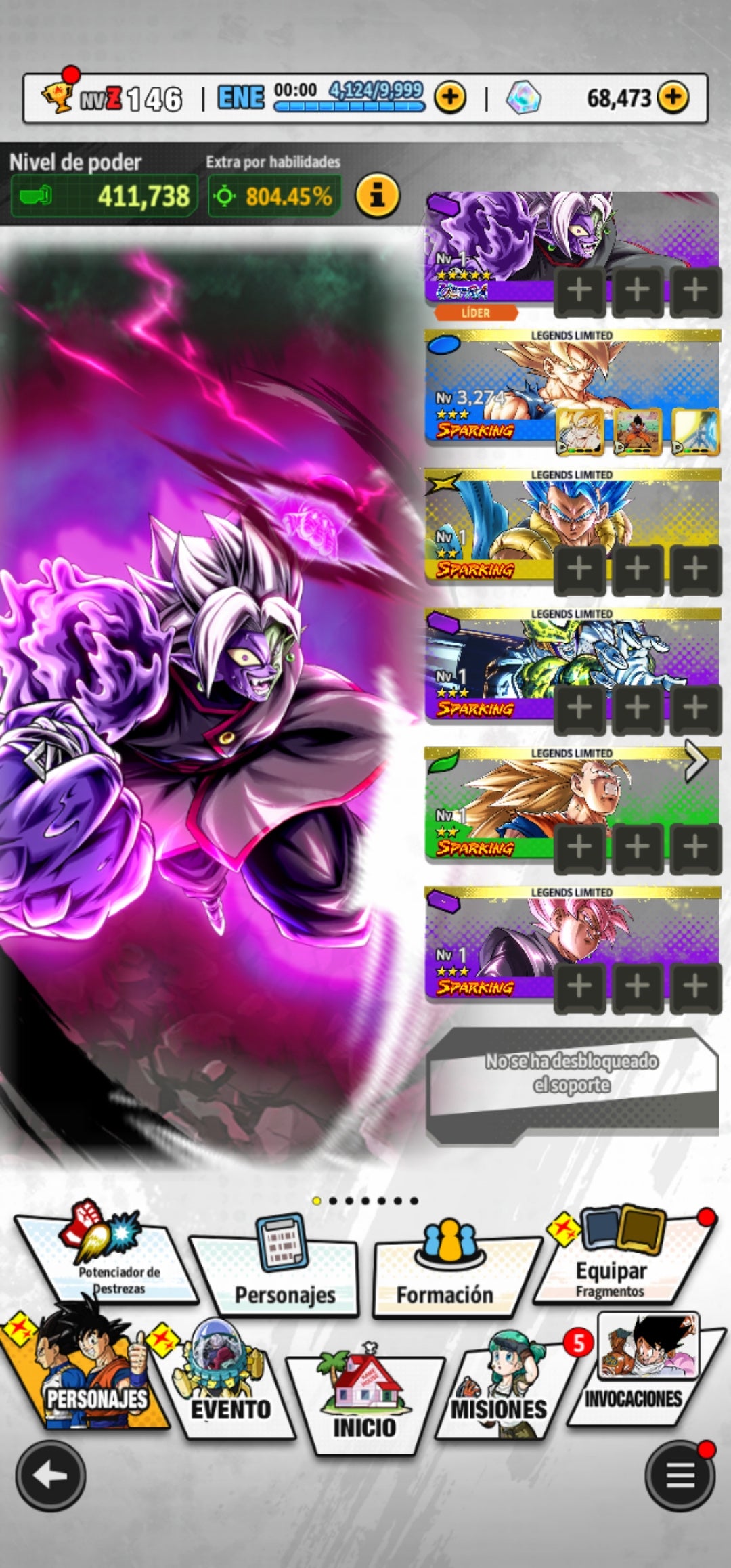 [Android] 68,473 Cronocristales 💎|  ⭐️ Mitad Corrupto Zamasu fusionado [ULTRA] | ⭐️ 6 Legends Limited | Dragon Ball: Legends Cuenta Reroll