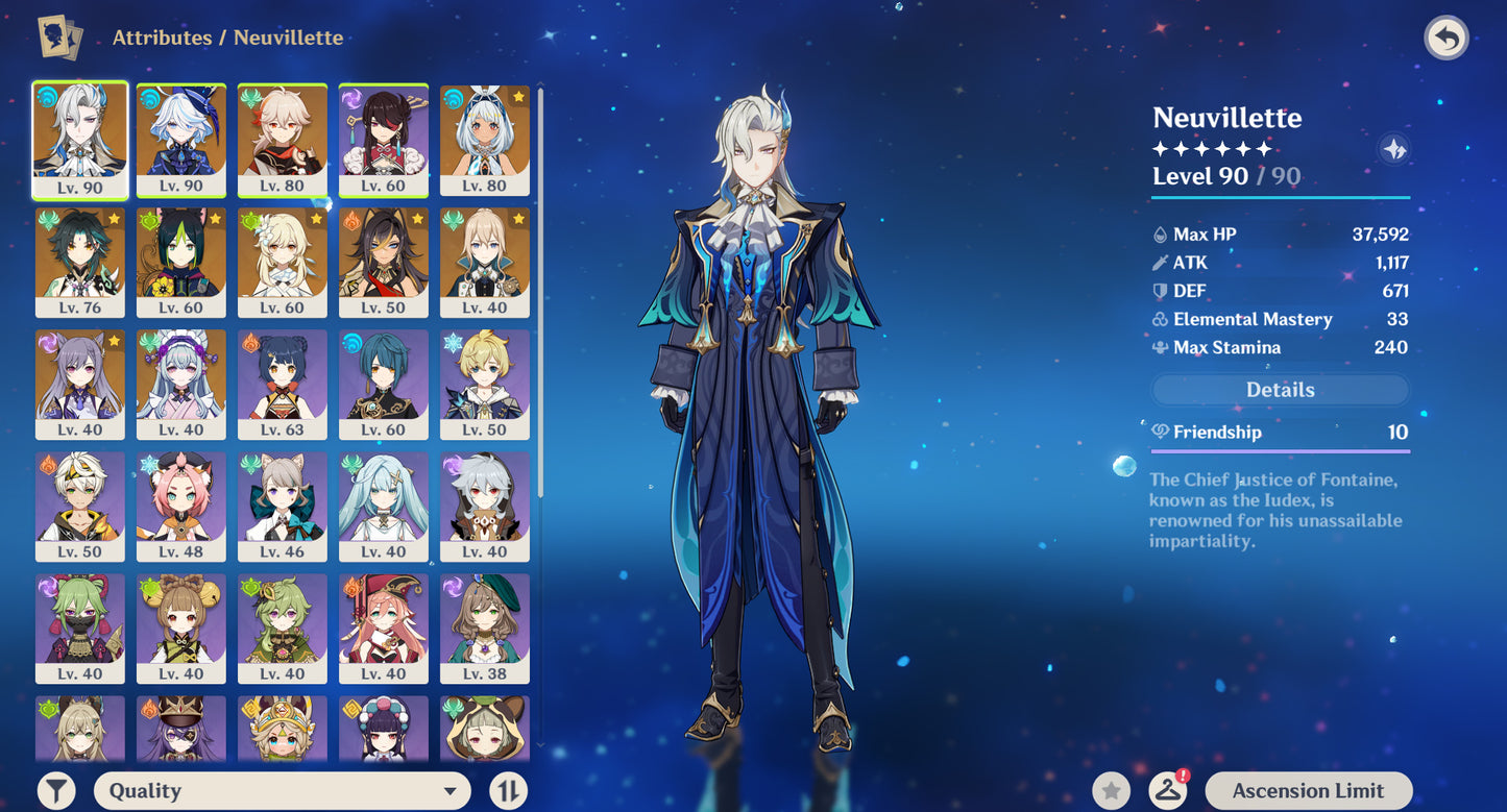 [Nivel 55] ⭐️ Neuvillette C1 + Furina + Kazuha + Mualani + Xiao + Tighnari + Dehya + Jean