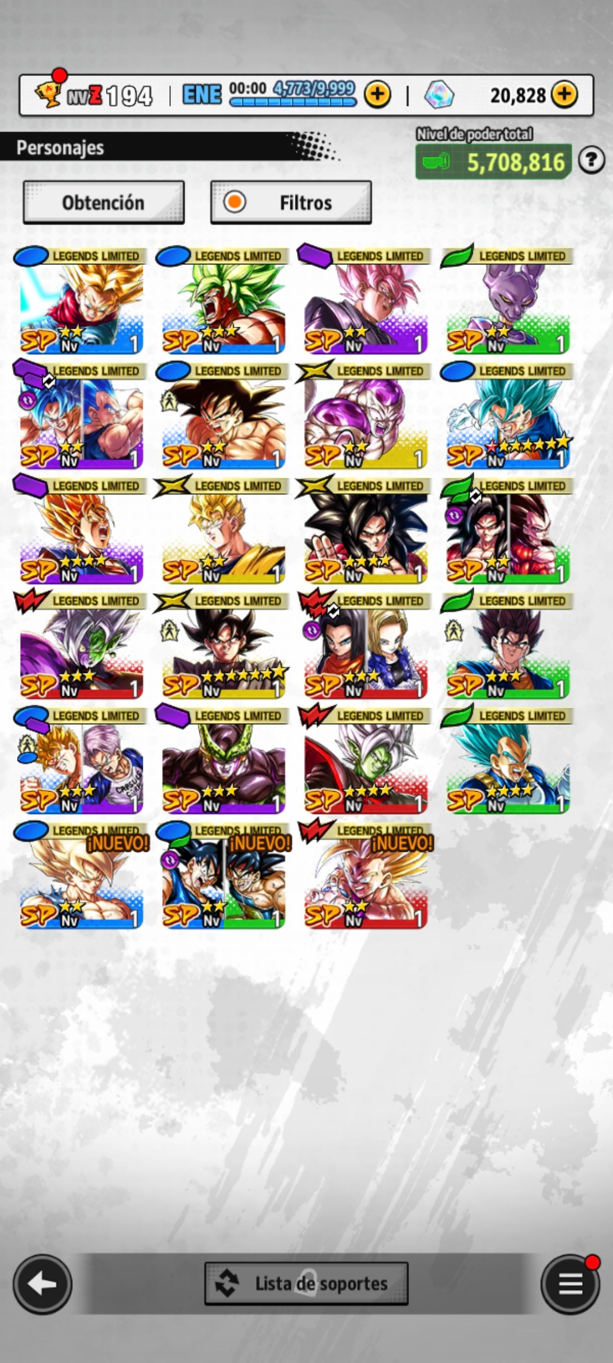 [Android] 20,828 Cronocristales 💎|5 ULTRAS⭐️Supersaiyajin 4 Vegeta ULTRA + Zamasu fusionado ULTRA + Supersaiyajin Goku ULTRA + Supersaiyajin rosa Goku ULTRA 1 estrella roja + Pre Ult Goku ULTRA + 23 LL