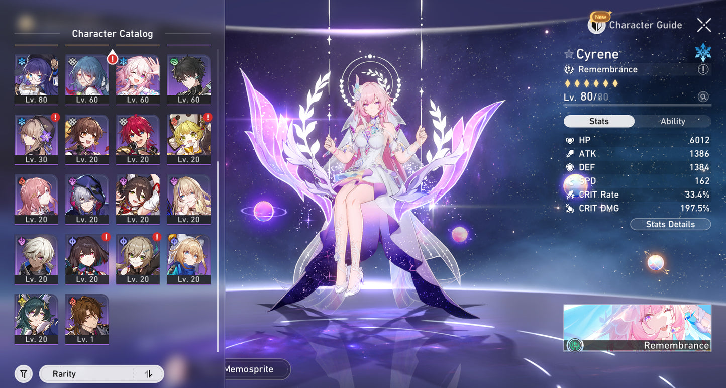 SV AMERICA CUMPLEAÑOS LIBRE Nivel 65⭐️Cyrene E3 +CONO, Hyacine + Yao Guang + Sparkle + Permansor Terrae + Blade + Archer + Yanqing + Clara + Himeko