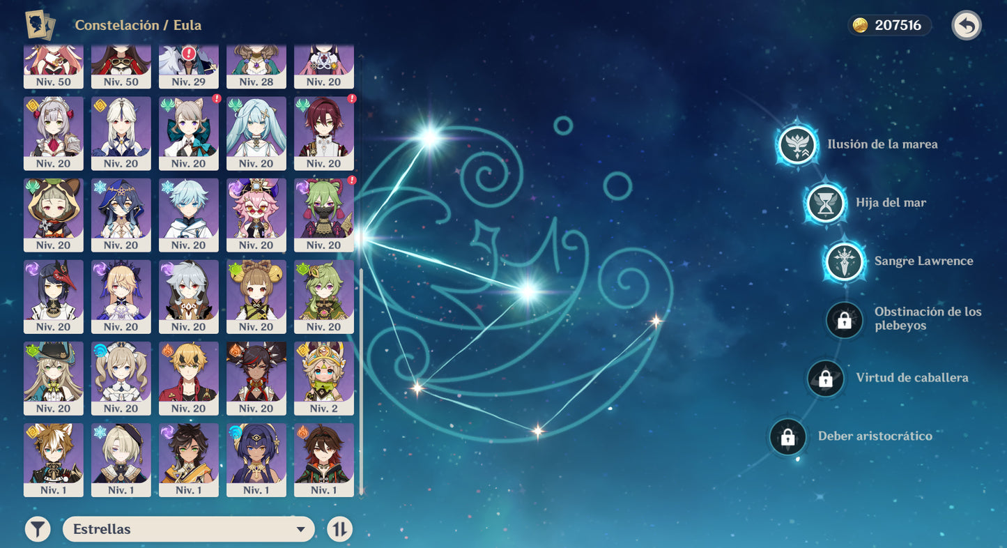 [Nivel 57] | Eula C3 + 0da de los Pinos , Xilonen C2 + Yelan C1 + Raiden Shogun + Zhongli + Ayaka + Emilie + Clorinde + Kokomi + Ayaka + Aloy + Keqing C1 + Qiqi C3 + Dehya + Mona + Tighnari + Jean + Skyward Spine + Skyward Harp + Skyward Pride