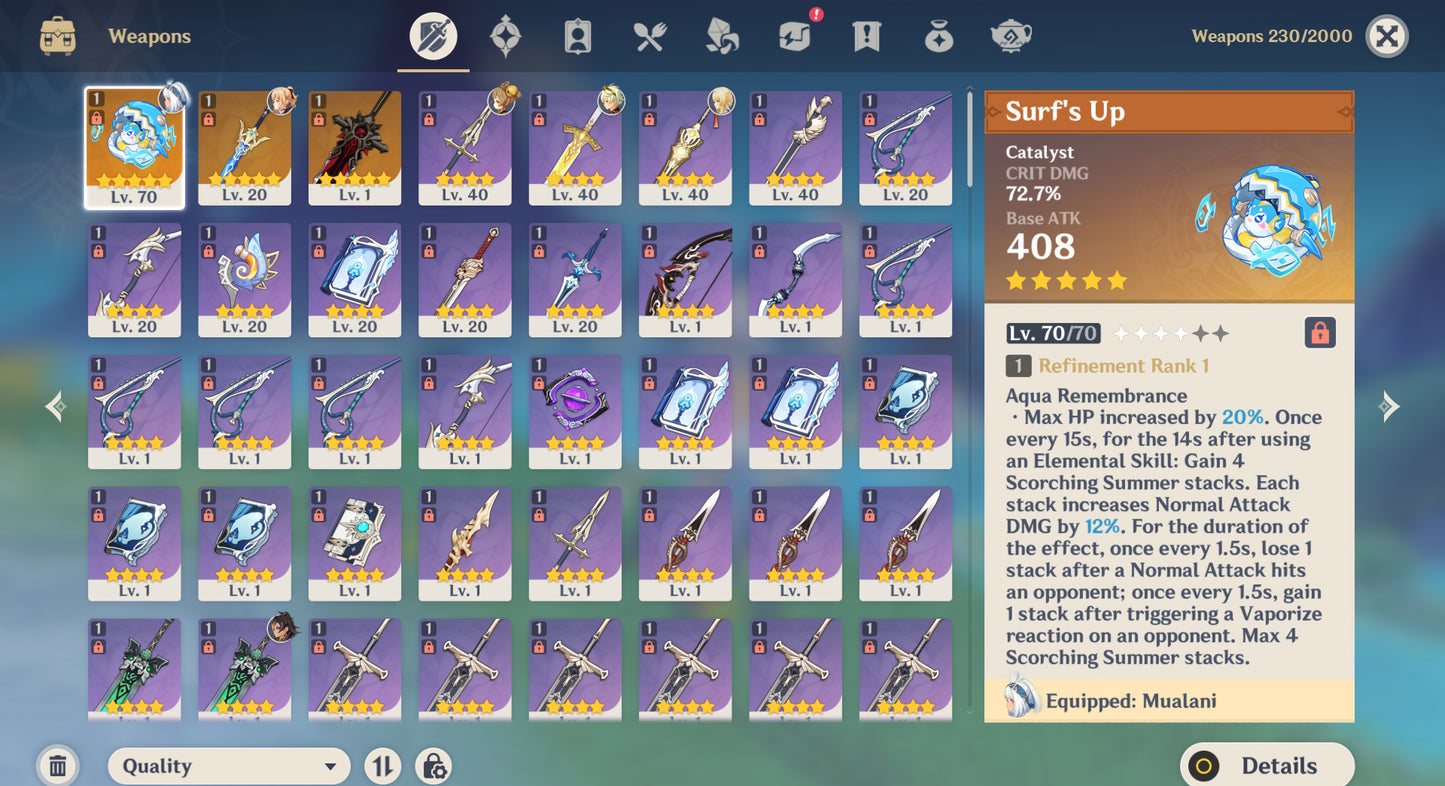 [Nivel 55] ✨Mualani C6 + Arma + Jean + Qiqi + Keqing + Dehya C2