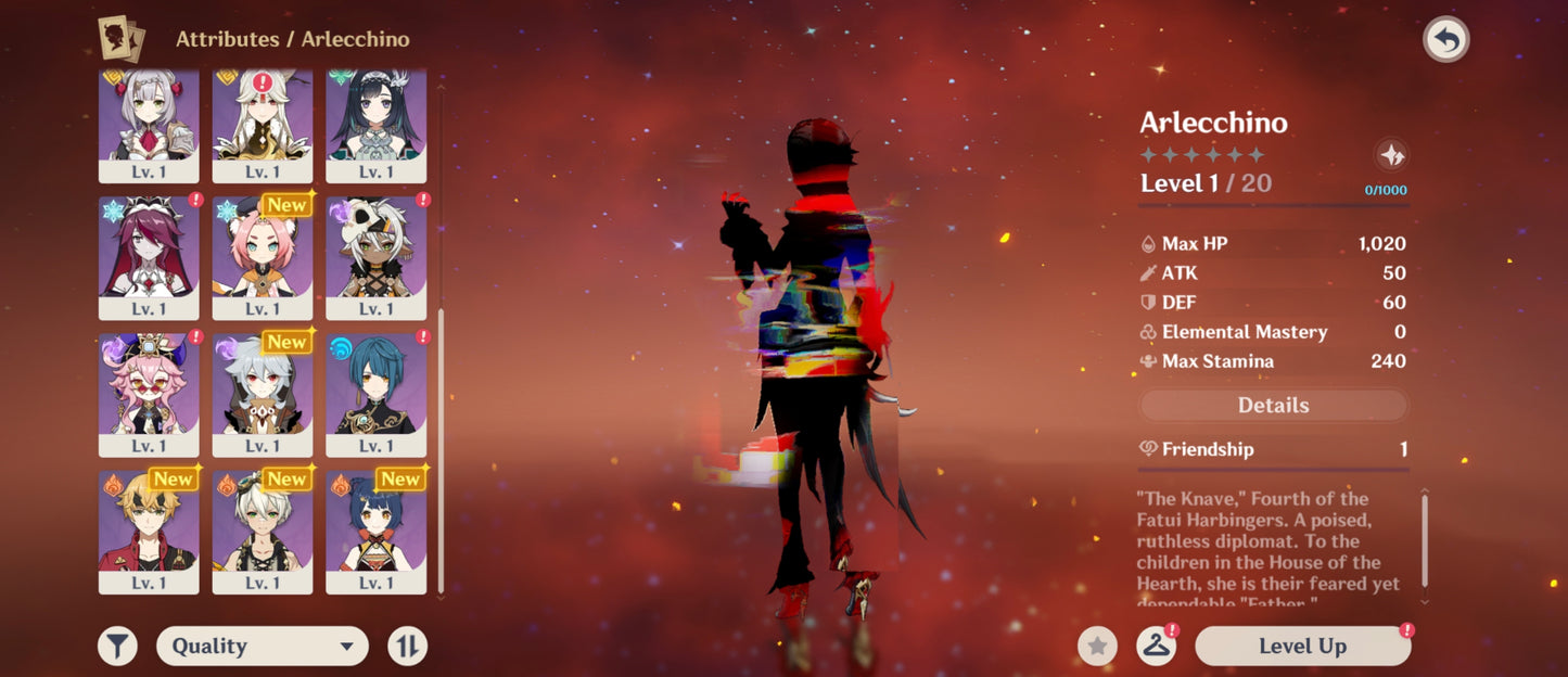 [Nivel 53] 235 Deseos 💎 |  Arlecchino + Arma #1 | Genshin Impact Cuenta Reroll