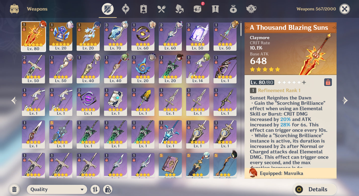 [Nivel 51] Mavuika + Arma + Citlali + Arma + Kazuha + Neuvillette + Qiqi + Diluc + Tighnari