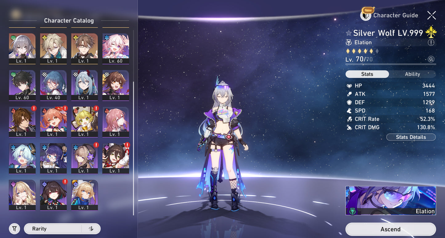 (REROLL + CUMPLEAÑOS LIBRE) Nivel 60⭐️ Silver Wolf LV. 999 + Cono , Castorice + Firefly + The Dahlia + Aventurine + Clara + Bronya + Himeko + Welt